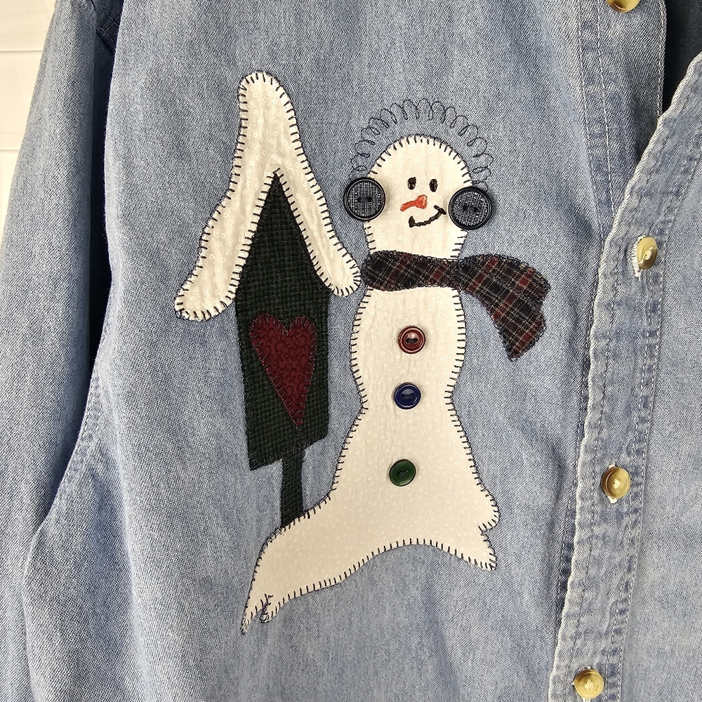 LA LOVING Denim Applique Button-Down Shirt with Snowman